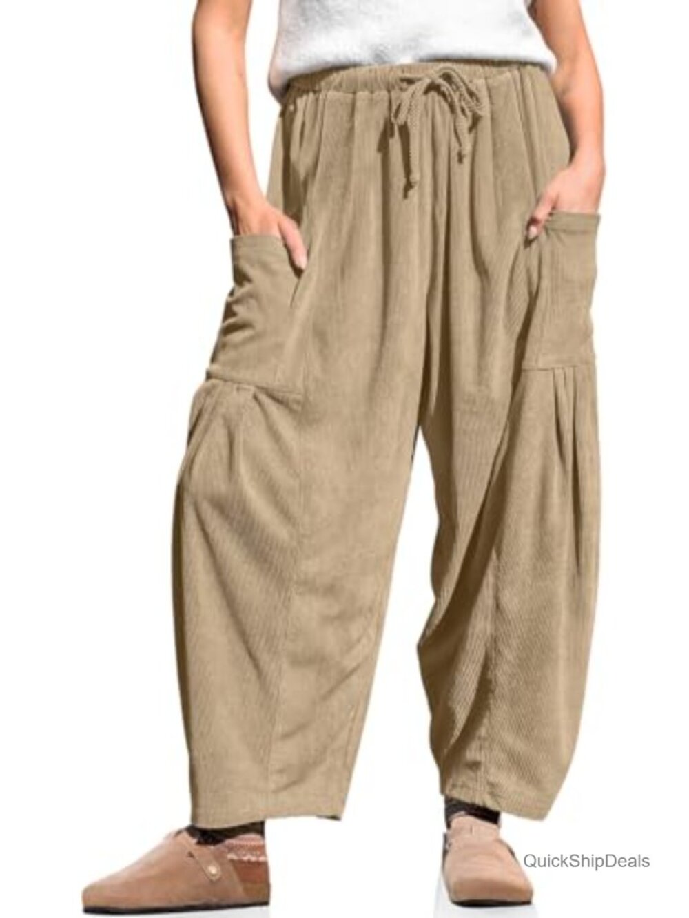 Corduroy Barrel Pants High Rise Wide Leg Drawstring Pockets Soft Warm Casual